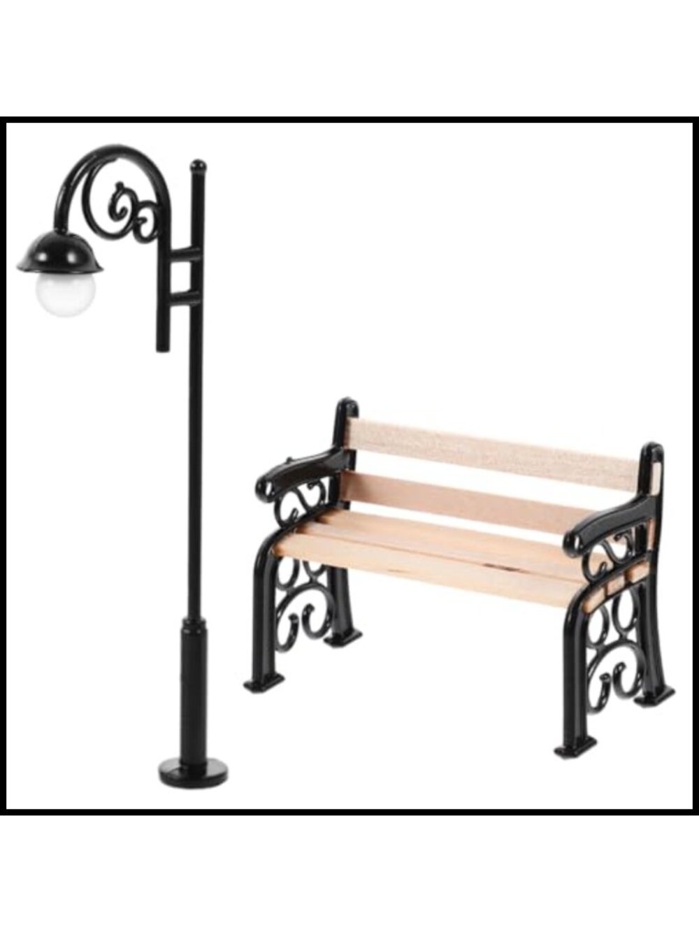 Miniature Park Bench & Street Light Set Metal Wood Dollhouse Decor